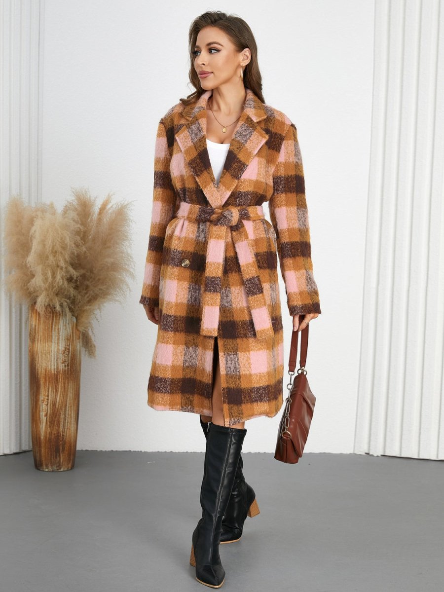 Tied Plaid Collared Neck Coat - Necessary Clothing