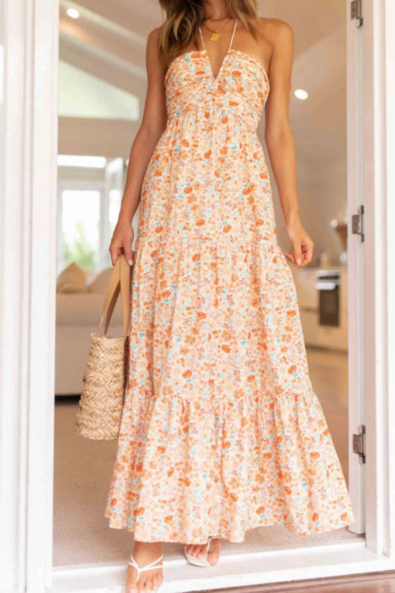 Tiered Halter Neck Printed Cami Dress - Necessary Clothing
