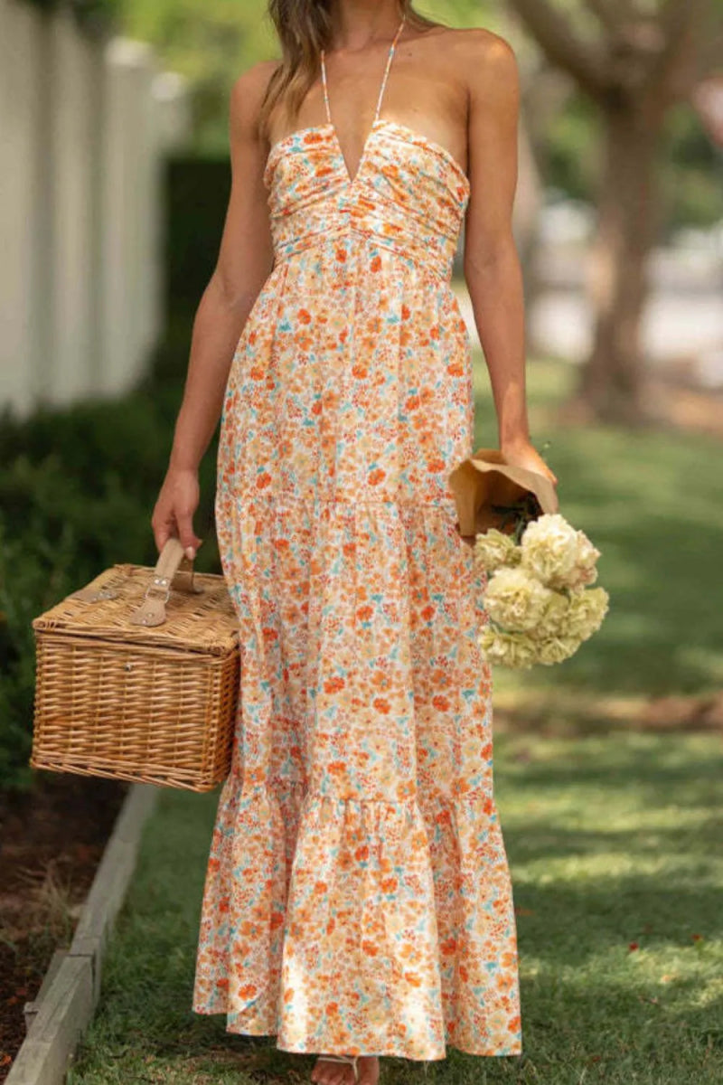Tiered Halter Neck Printed Cami Dress - Necessary Clothing