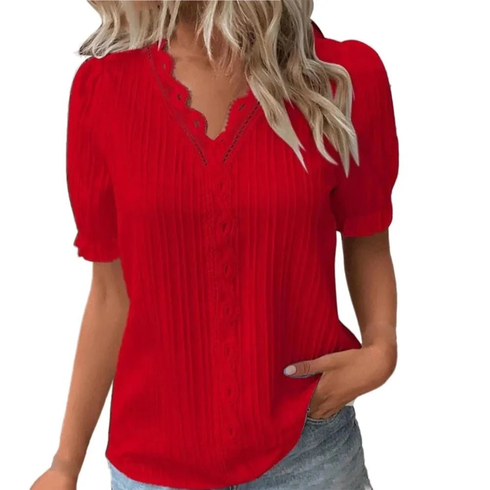 V - Neck Hollow Short Sleeve Splice Loose Street Blouse - Necessary Clothing