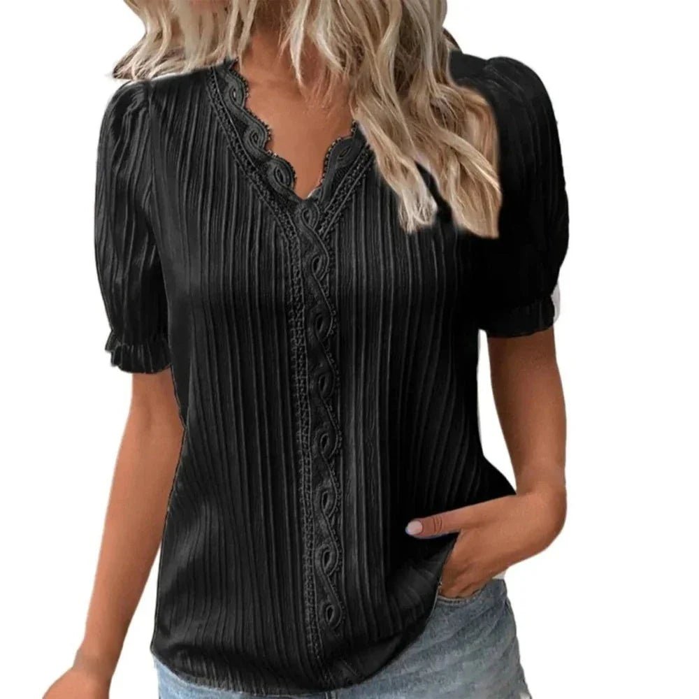 V - Neck Hollow Short Sleeve Splice Loose Street Blouse - Necessary Clothing