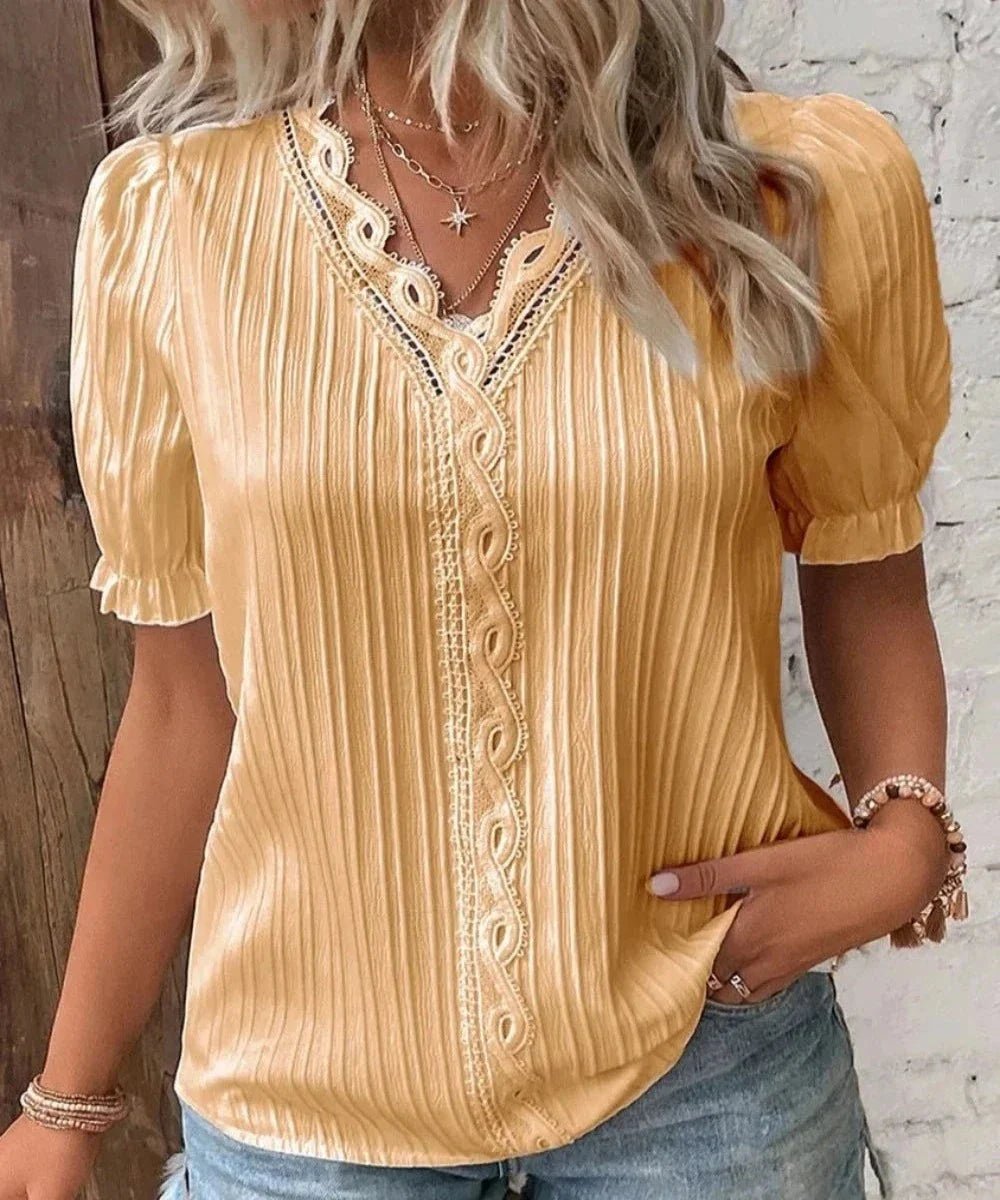 V - Neck Hollow Short Sleeve Splice Loose Street Blouse - Necessary Clothing