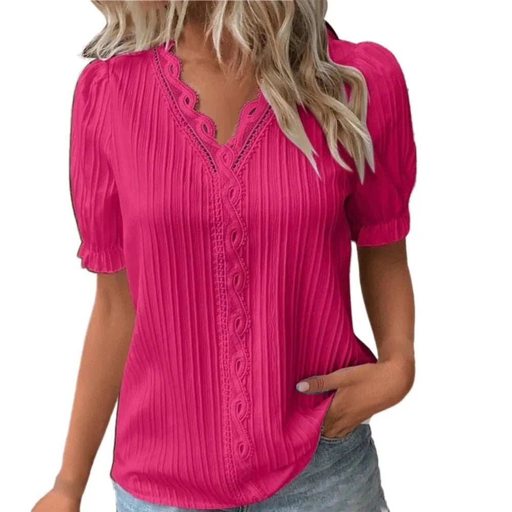 V - Neck Hollow Short Sleeve Splice Loose Street Blouse - Necessary Clothing