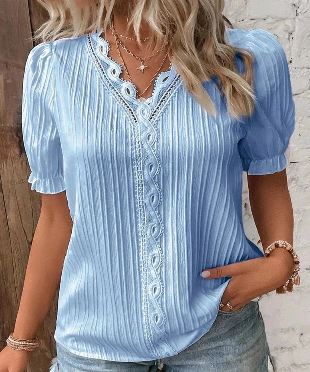 V - Neck Hollow Short Sleeve Splice Loose Street Blouse - Necessary Clothing