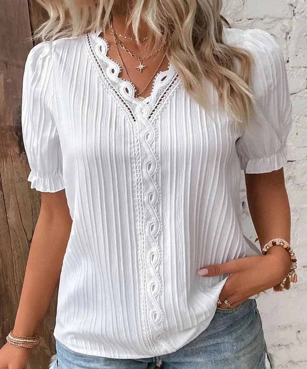 V - Neck Hollow Short Sleeve Splice Loose Street Blouse - Necessary Clothing