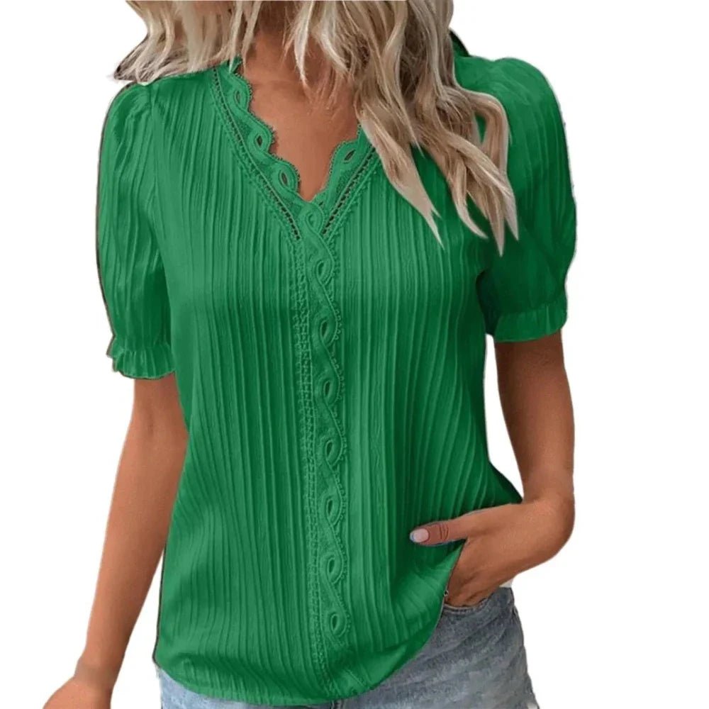V - Neck Hollow Short Sleeve Splice Loose Street Blouse - Necessary Clothing