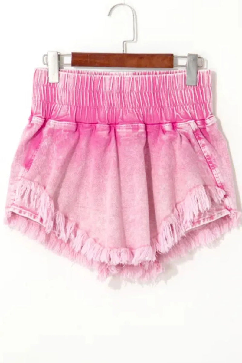 Washed Wide Smocked Waistband Frayed Denim Shorts - Necessary Clothing