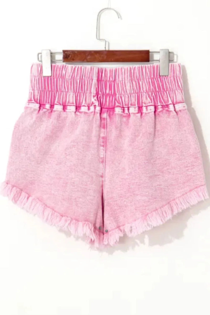 Washed Wide Smocked Waistband Frayed Denim Shorts - Necessary Clothing