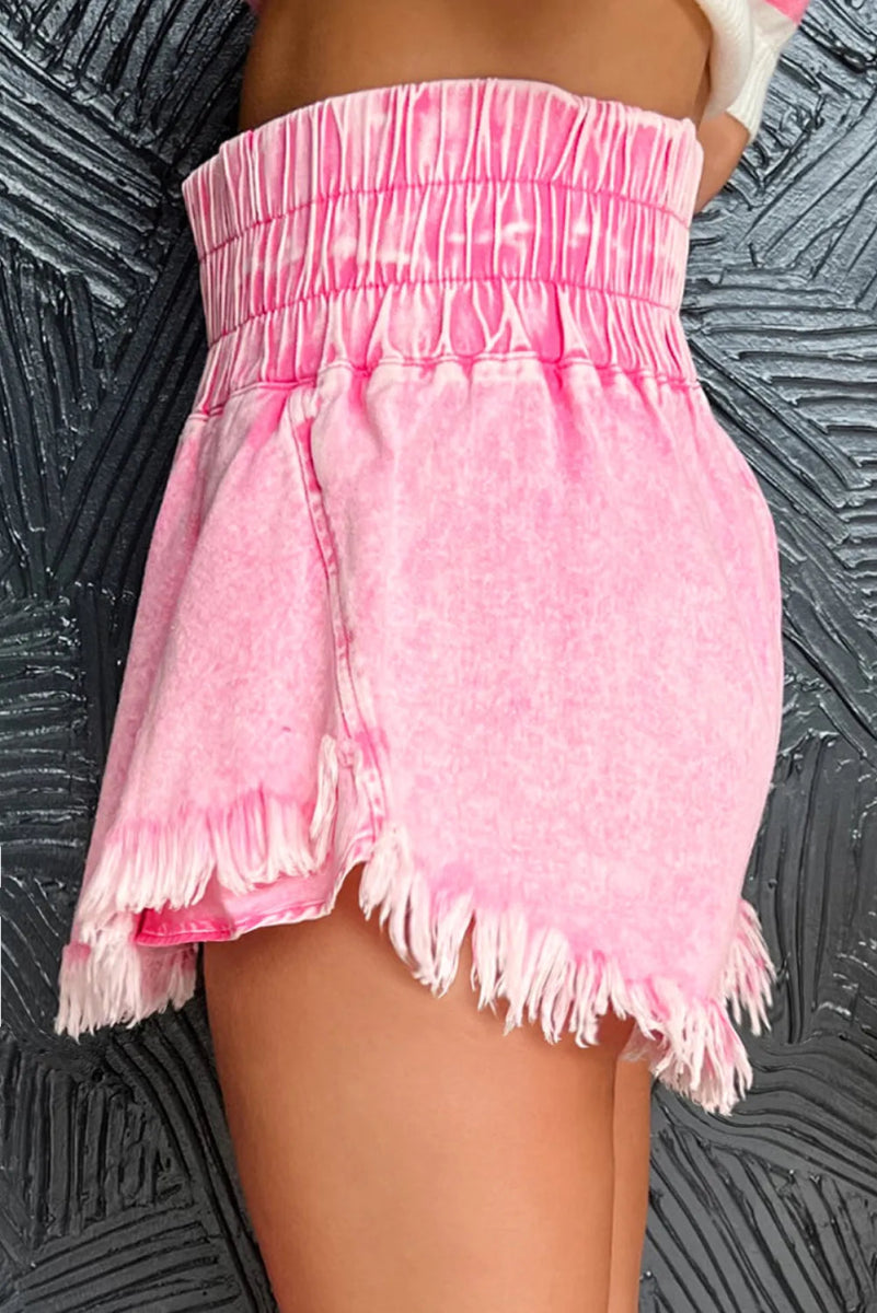 Washed Wide Smocked Waistband Frayed Denim Shorts - Necessary Clothing