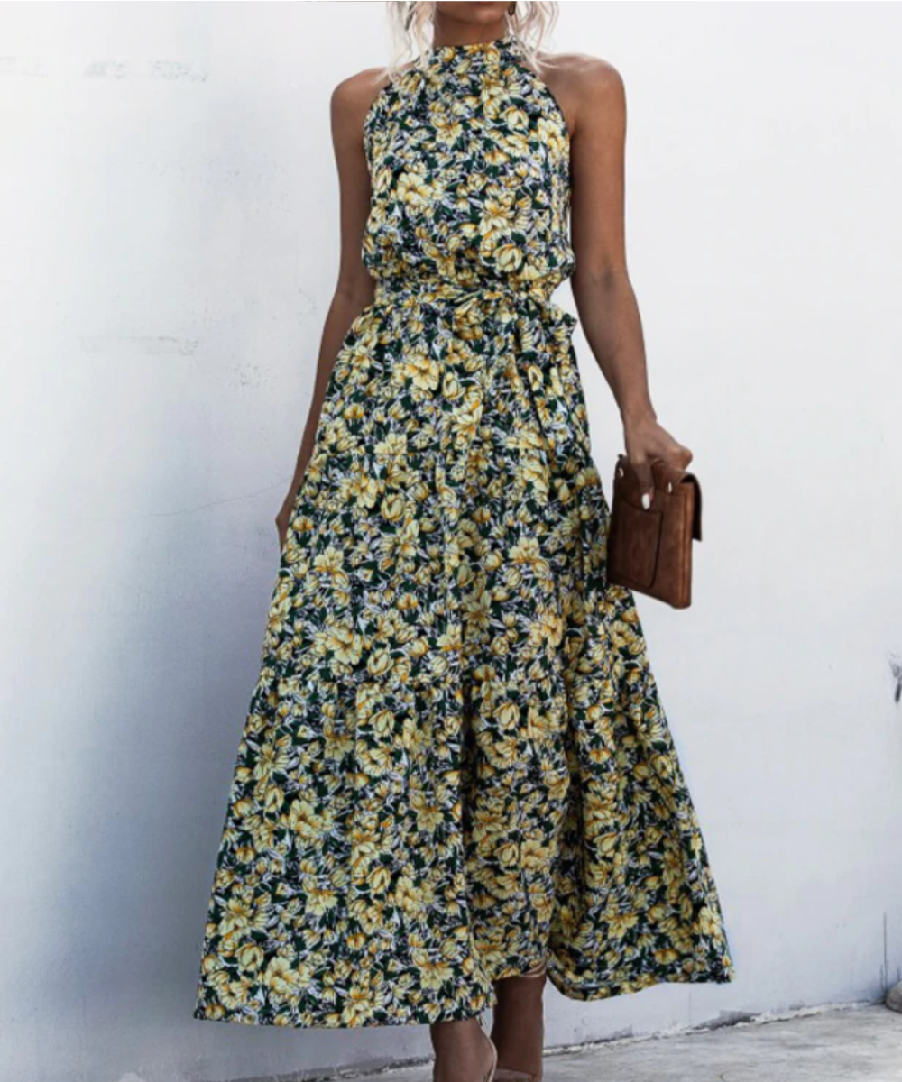 Elegant Long Dress Flowers Polka-Dot Strap - Necessary Clothing Store