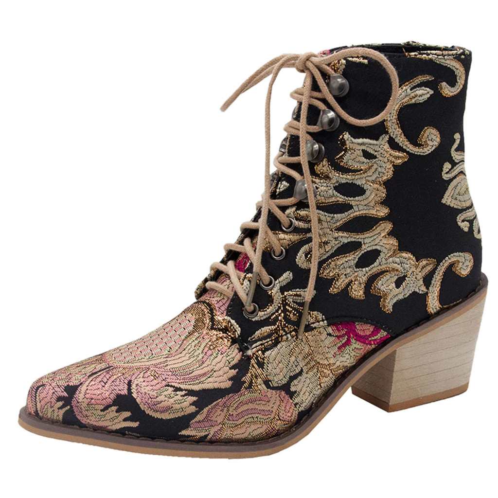 Stylish Chelsea Embroider Lace Up Pointed Toe High Heel Warm Cowboy Ankle Boots - Necessary Clothing Store