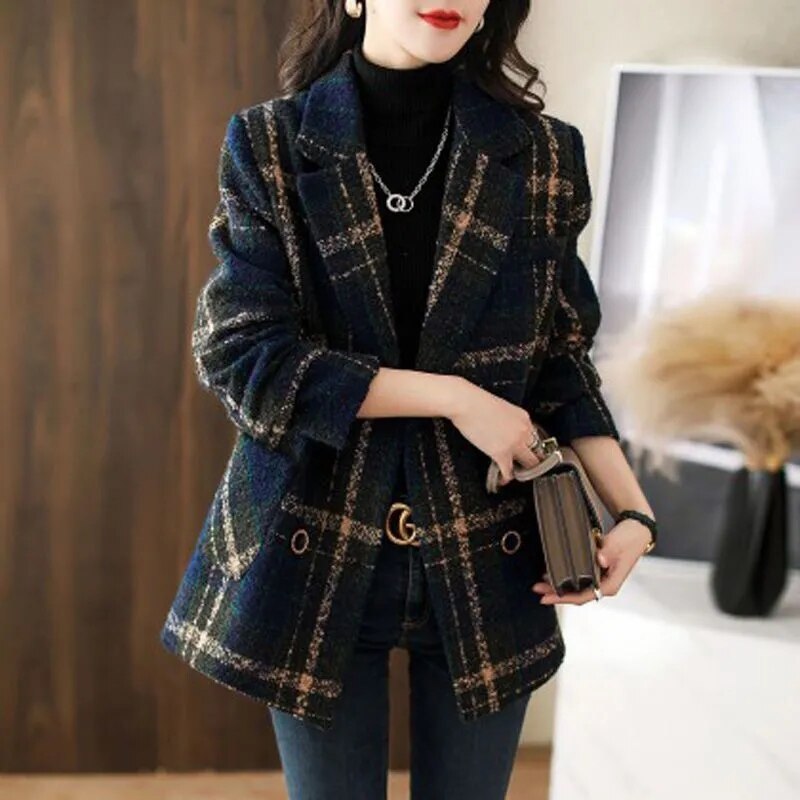 Fashion Plaid Casual Slim Double Breasted Woolen Coat - Necessary Clothing Store