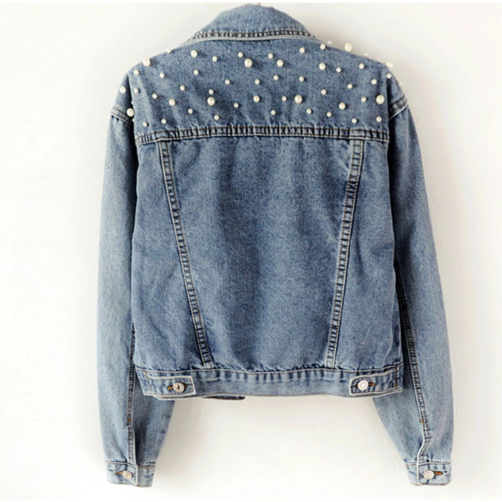 Pearl Beading Short Denim White Wash Long Sleeve Jean Jacket Bomber - Necessary Clothing Store