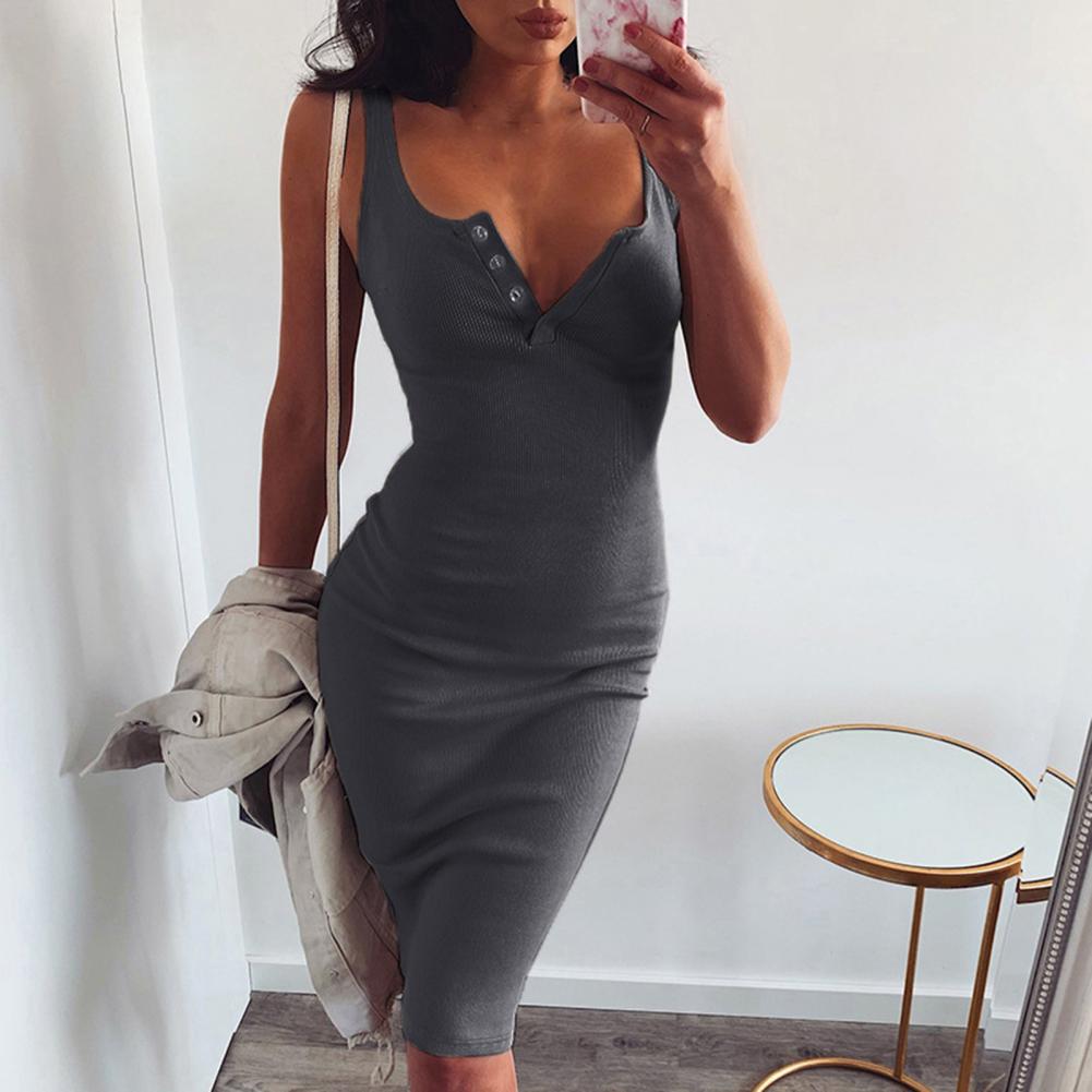 Knee-Length Knitted Elastic Sleeveless Elegant V-Neck Button Slim Dress - Necessary Clothing Store