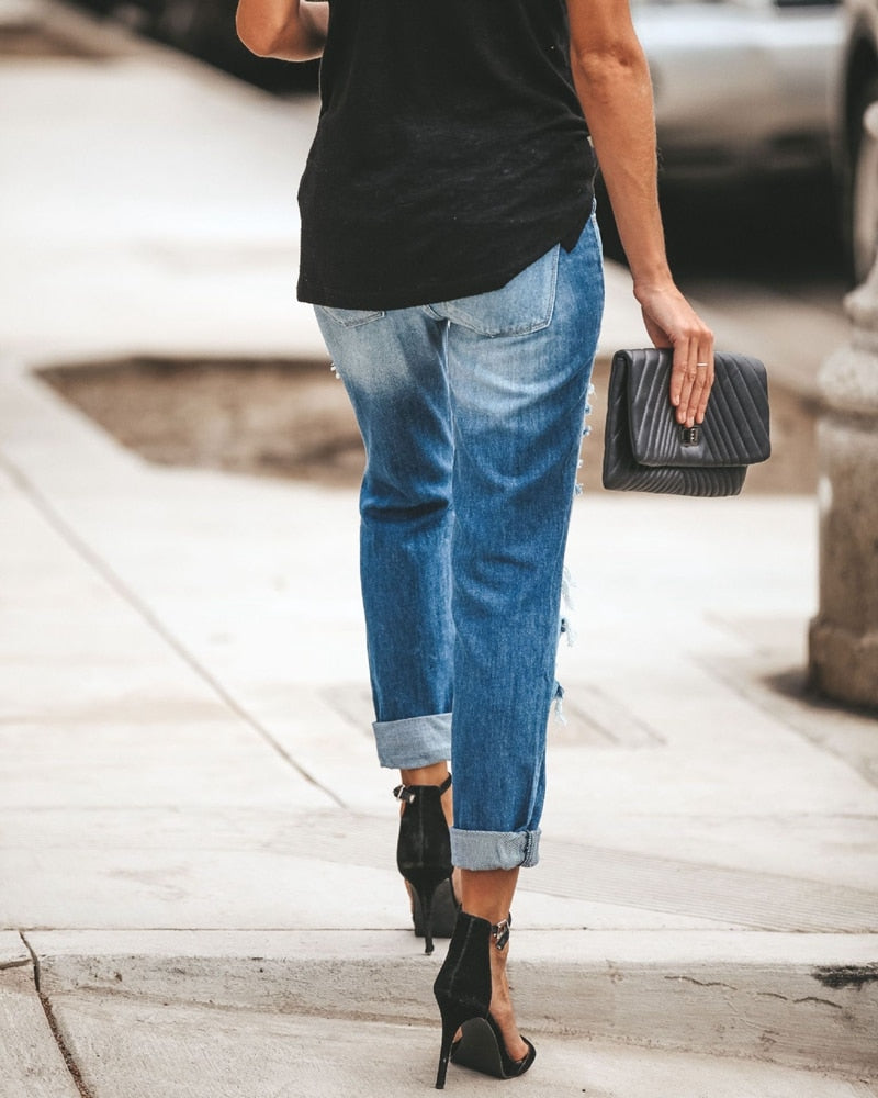Mid Waist Boyfriend Big Ripped Hole Jeans - Necessary Clothing Store