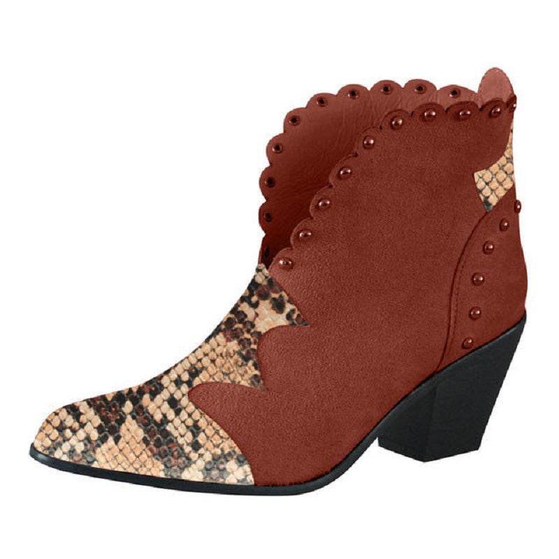 Retro Ankle Slip on Pointed Toe Snake Rivet Mixed Color Soft Leather Boots - Necessary Clothing Store