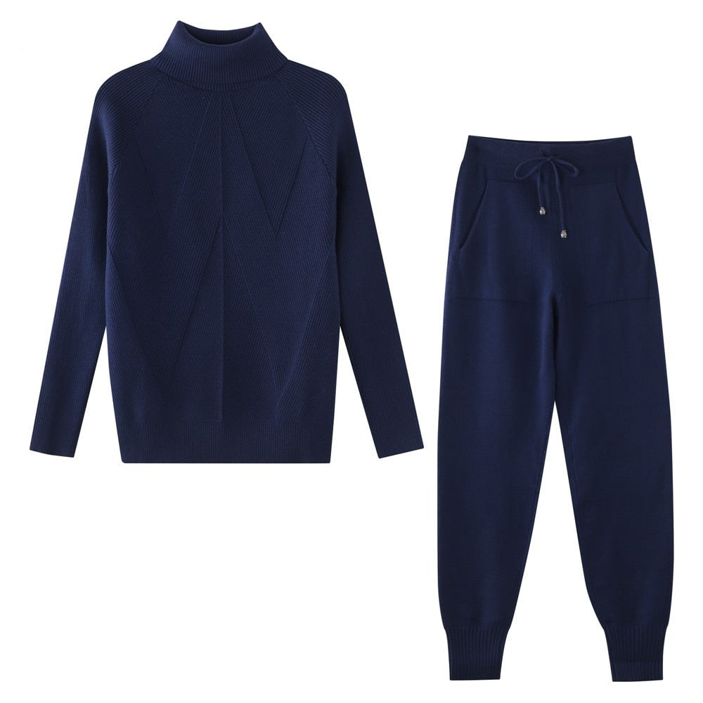 Tracksuit Striped Turtleneck Sweater and Trousers Knitted Two Piece Set - Necessary Clothing Store