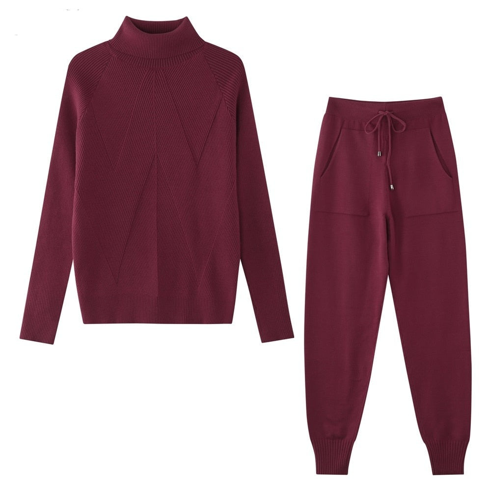 Tracksuit Striped Turtleneck Sweater and Trousers Knitted Two Piece Set - Necessary Clothing Store