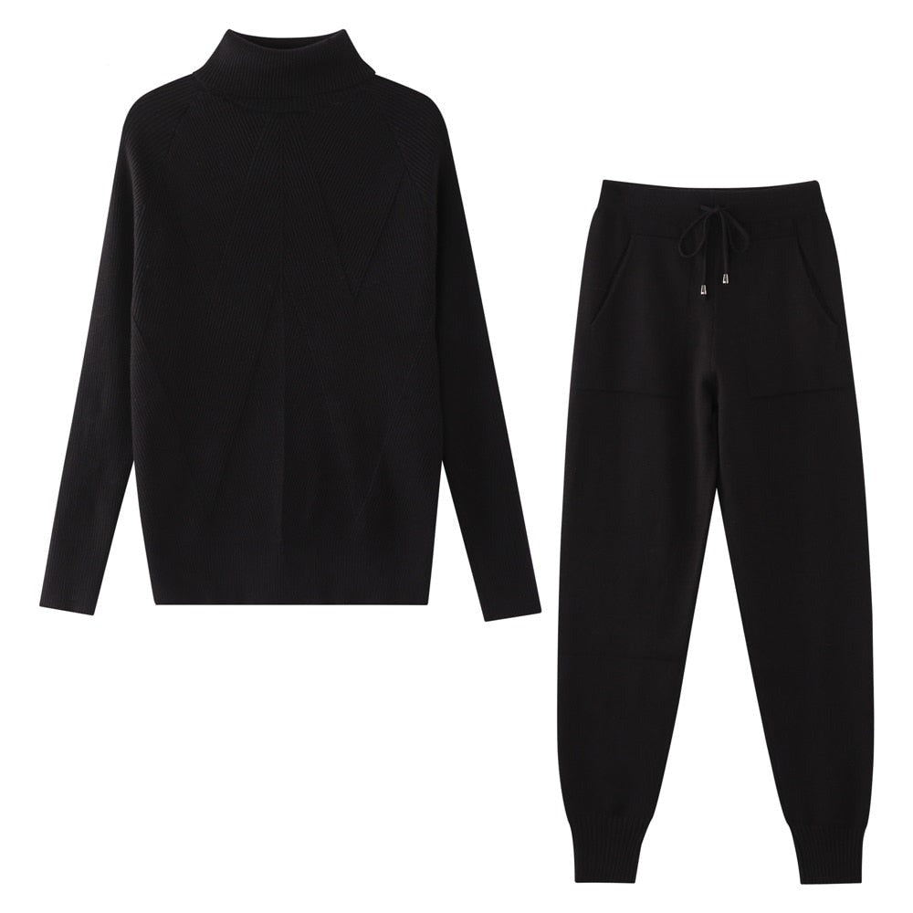 Tracksuit Striped Turtleneck Sweater and Trousers Knitted Two Piece Set - Necessary Clothing Store