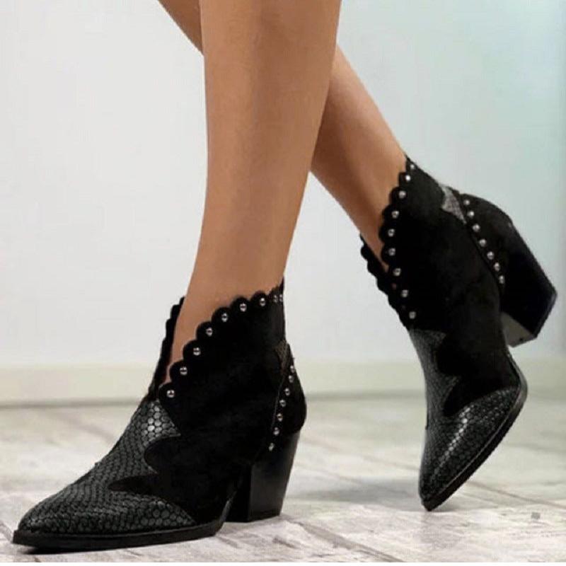 Retro Ankle Slip on Pointed Toe Snake Rivet Mixed Color Soft Leather Boots - Necessary Clothing Store