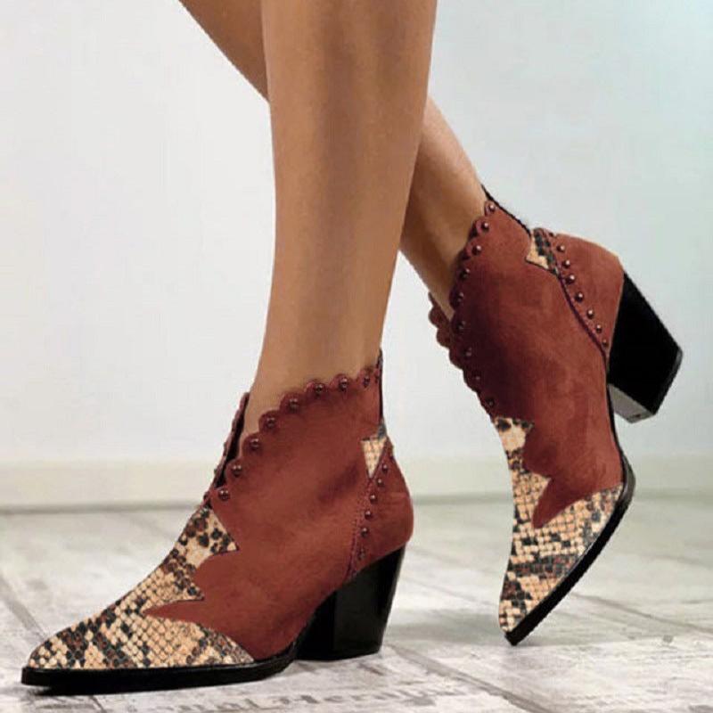 Retro Ankle Slip on Pointed Toe Snake Rivet Mixed Color Soft Leather Boots - Necessary Clothing Store