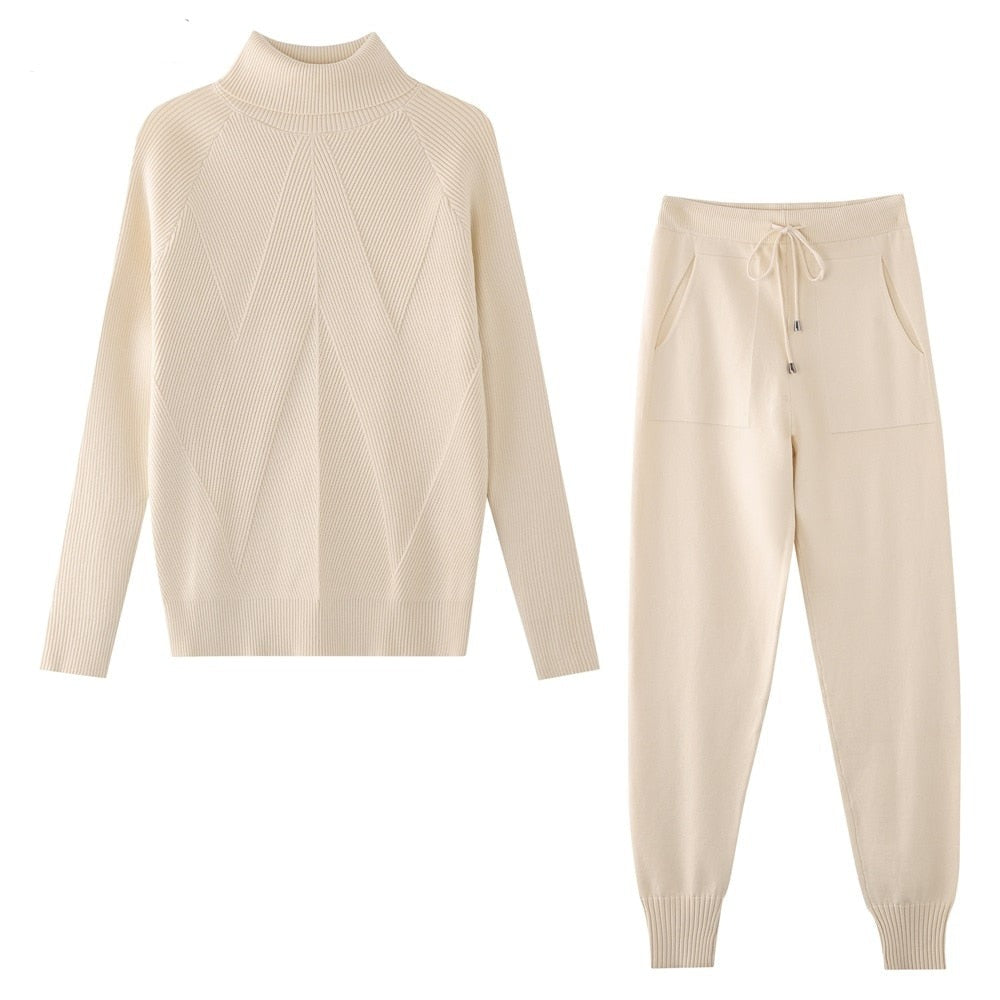 Tracksuit Striped Turtleneck Sweater and Trousers Knitted Two Piece Set - Necessary Clothing Store