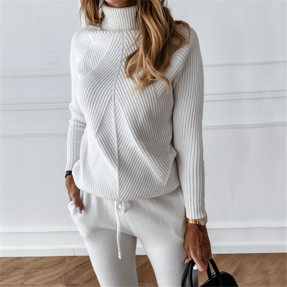 Tracksuit Striped Turtleneck Sweater and Trousers Knitted Two Piece Set - Necessary Clothing Store