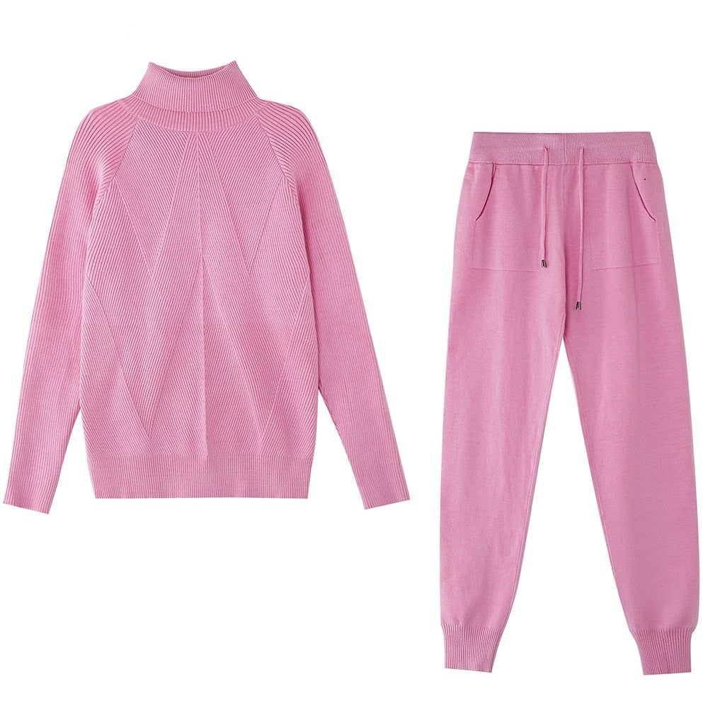 Tracksuit Striped Turtleneck Sweater and Trousers Knitted Two Piece Set - Necessary Clothing Store