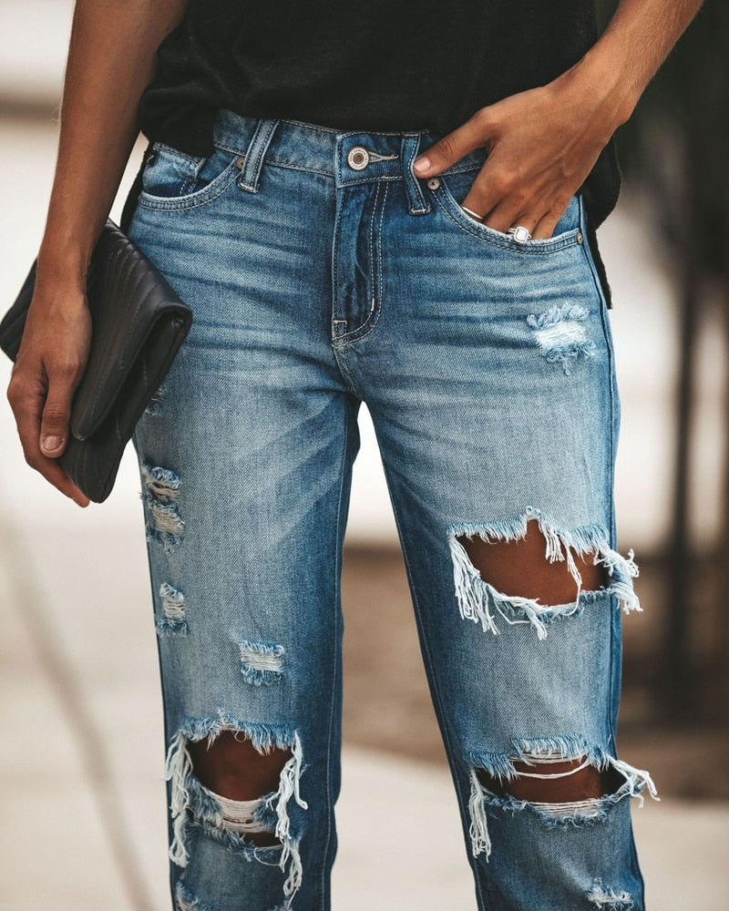 Mid Waist Boyfriend Big Ripped Hole Jeans - Necessary Clothing Store