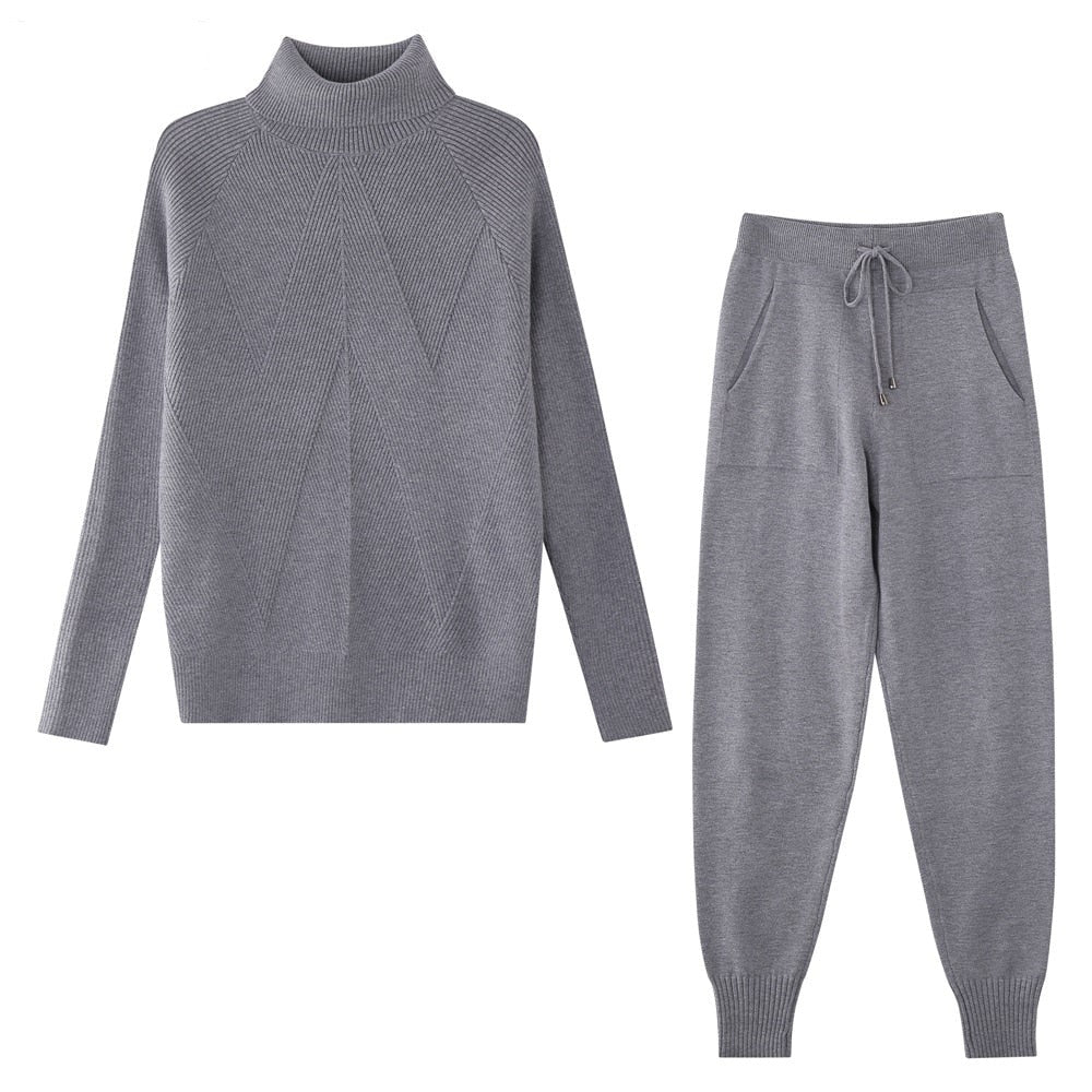 Tracksuit Striped Turtleneck Sweater and Trousers Knitted Two Piece Set - Necessary Clothing Store