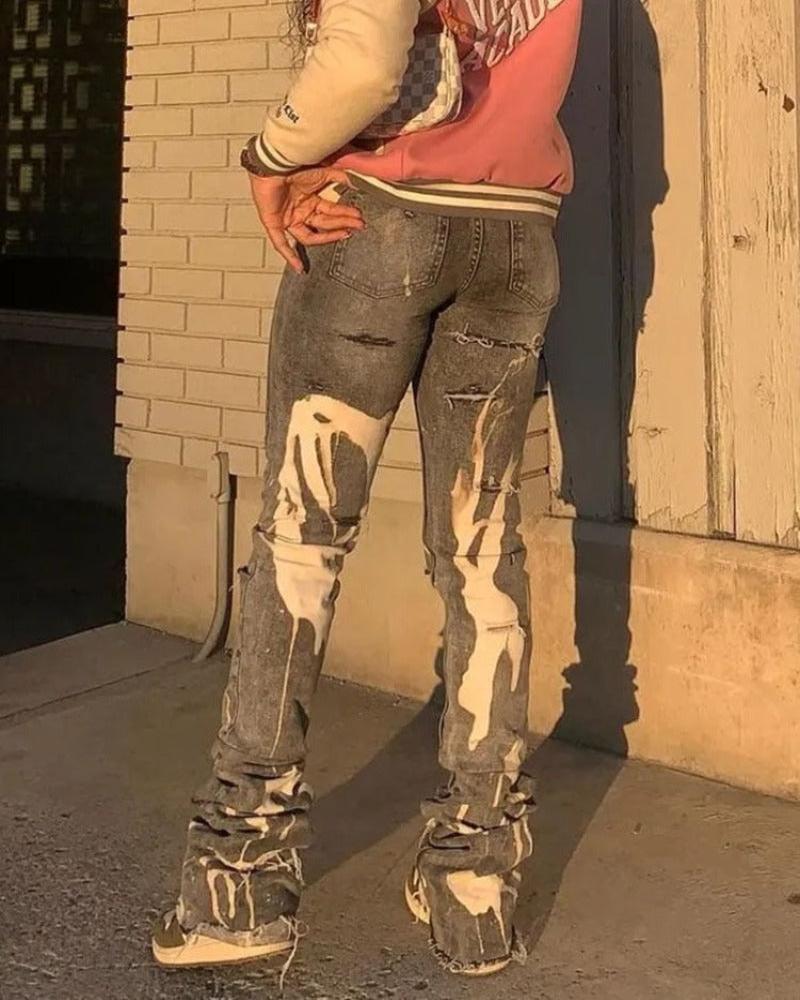 Hole Chic Print Ripped Jeans - Necessary Clothing Store