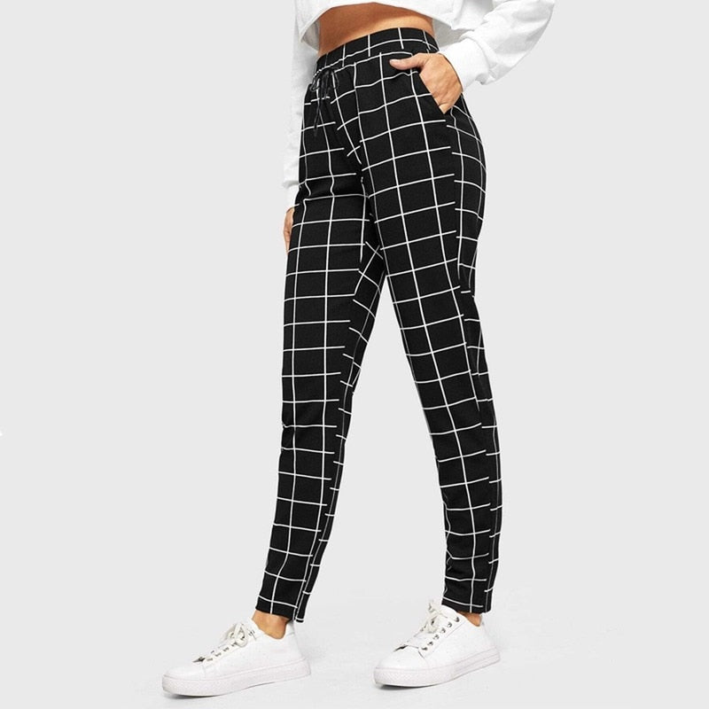 Black Plaid Printing Casual Skinny Pants - Necessary Clothing Store