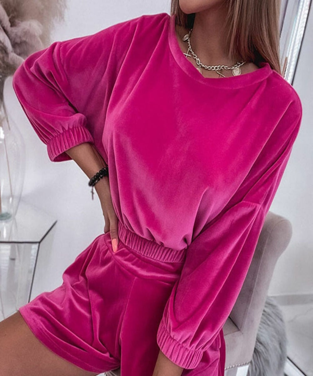 Solid Velvet Two Piece Set Long Sleeve Shorts Outfits - Necessary Clothing Store