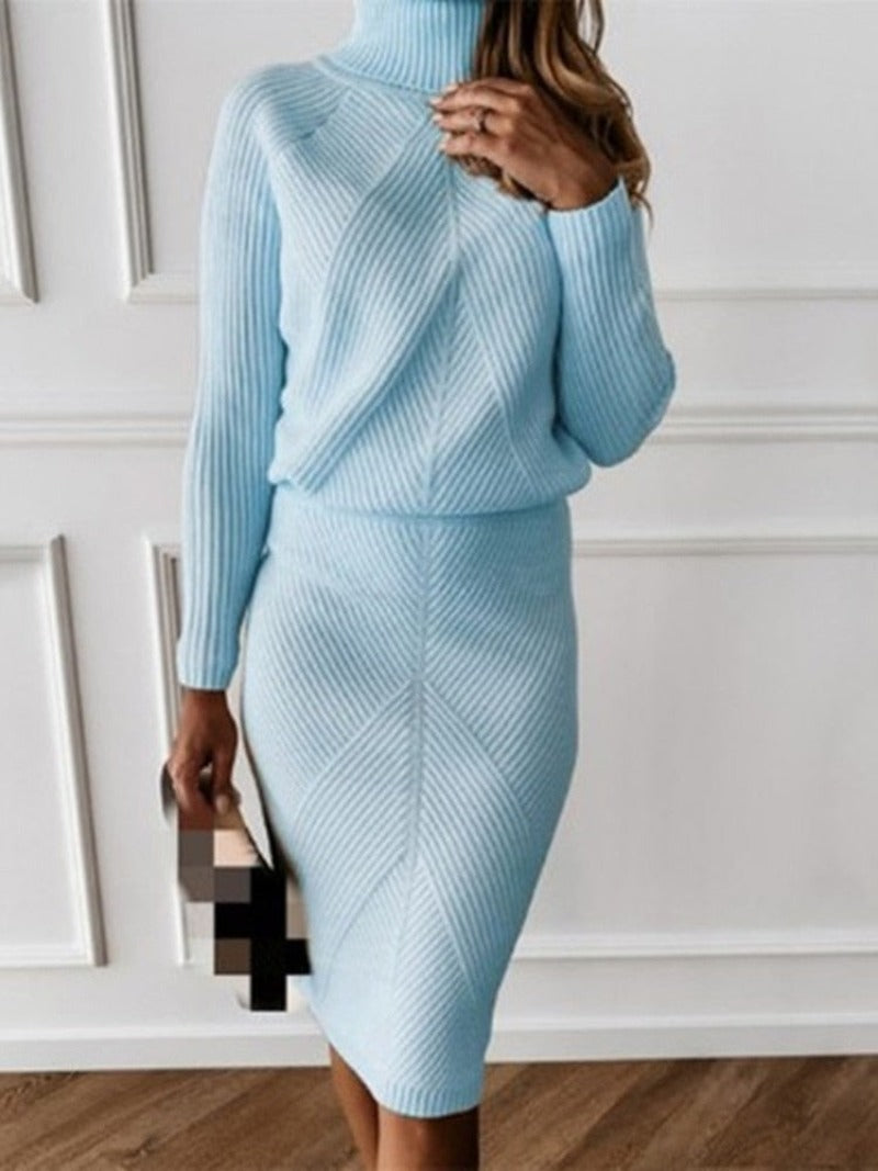 Autumn Women's Knitting Costume Turtleneck Solid Color Pullover Sweater + Slim Skirt Two-Piece Set - Necessary Clothing Store
