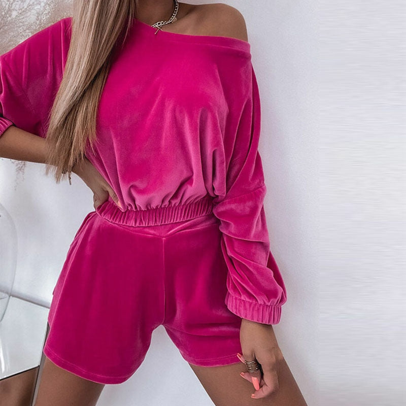 Solid Velvet Two Piece Set Long Sleeve Shorts Outfits - Necessary Clothing Store