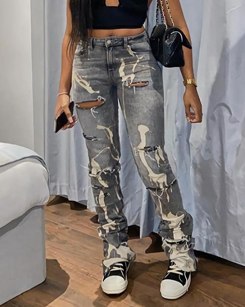 Hole Chic Print Ripped Jeans - Necessary Clothing Store
