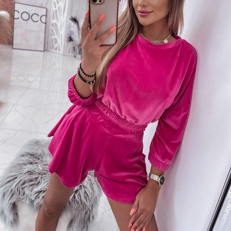 Solid Velvet Two Piece Set Long Sleeve Shorts Outfits - Necessary Clothing Store