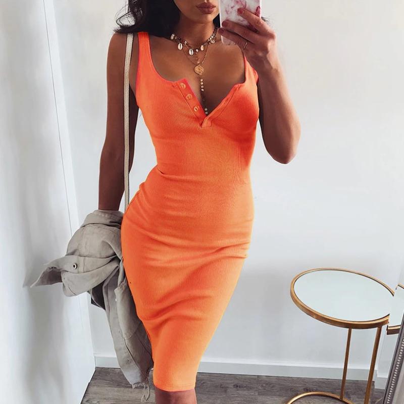 Knee-Length Knitted Elastic Sleeveless Elegant V-Neck Button Slim Dress - Necessary Clothing Store