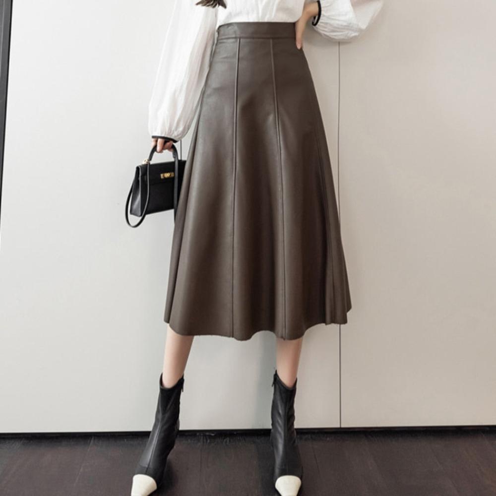 A - line Leather Splicing High Waist Skirt - Necessary Clothing