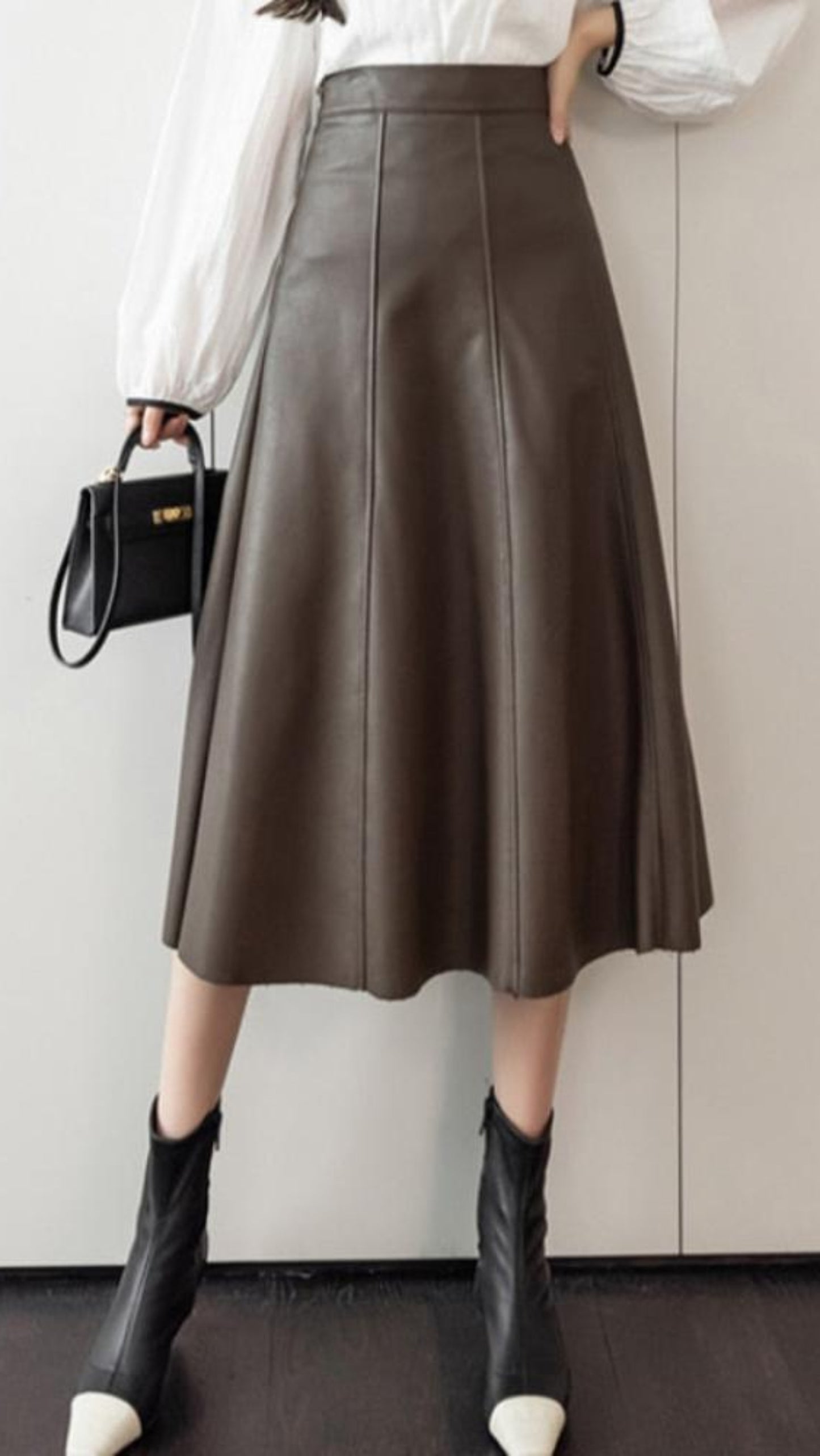 A - line Leather Splicing High Waist Skirt - Necessary Clothing