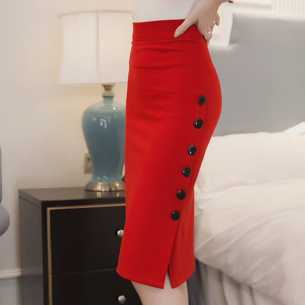 Button Pencil High Waisted Knee Length Skirt - Necessary Clothing