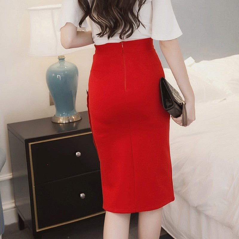 Button Pencil High Waisted Knee Length Skirt - Necessary Clothing