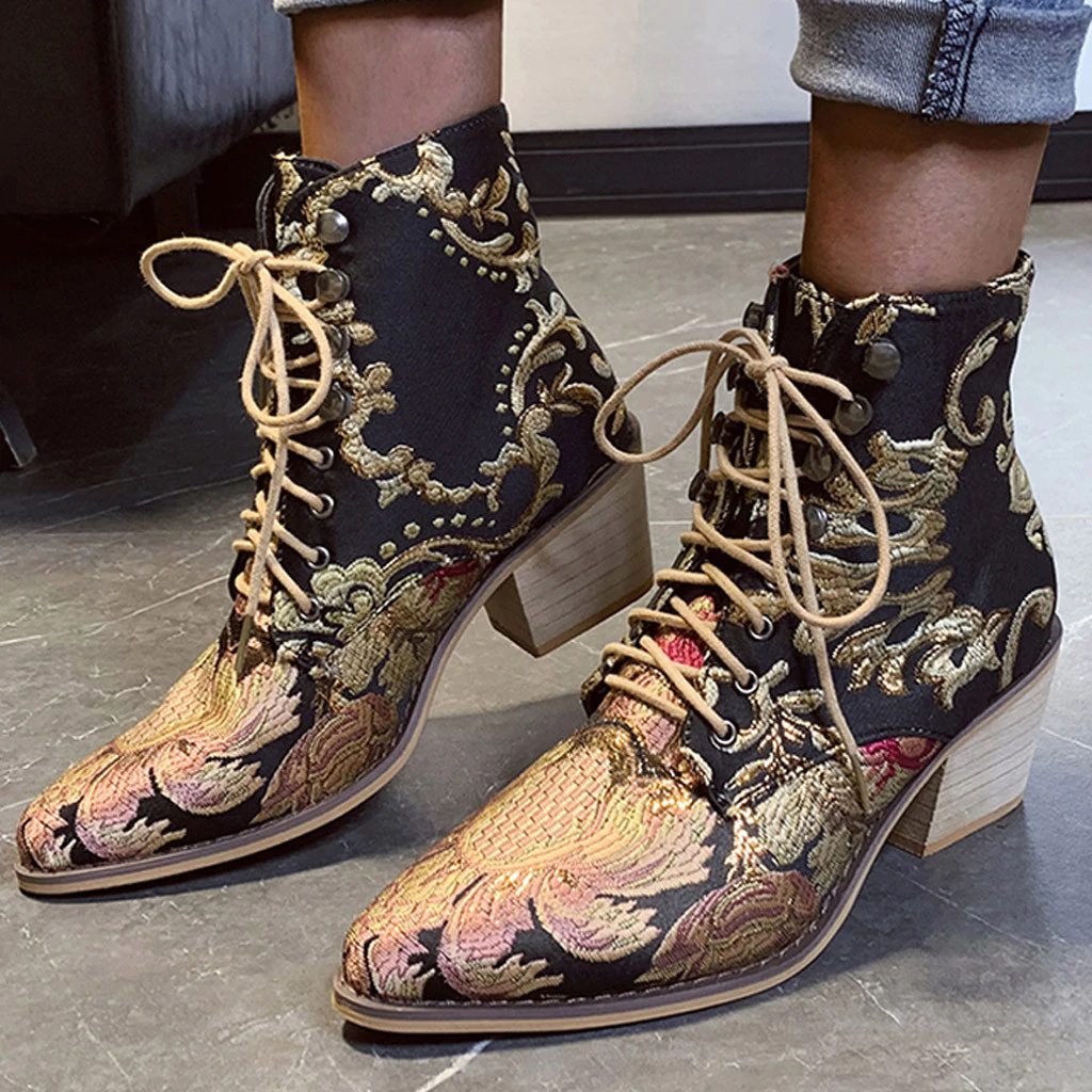 Stylish Chelsea Embroider Lace Up Pointed Toe High Heel Warm Cowboy Ankle Boots - Necessary Clothing Store