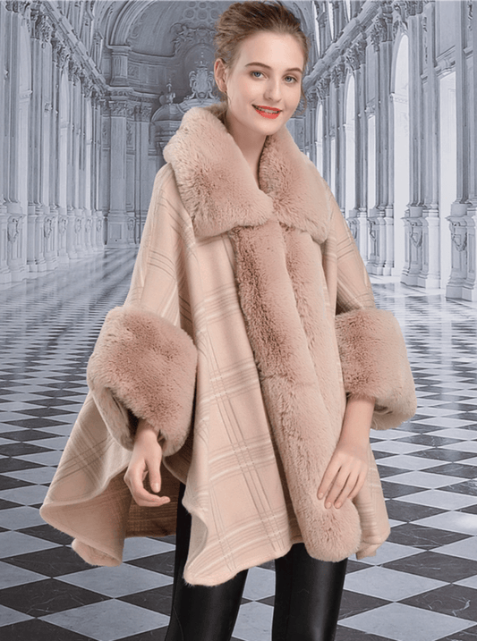 Cape Plaid Poncho Fur Knit Cardigan Cloak Coat - Necessary Clothing