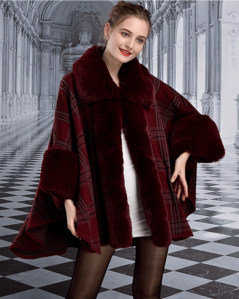Cape Plaid Poncho Fur Knit Cardigan Cloak Coat - Necessary Clothing