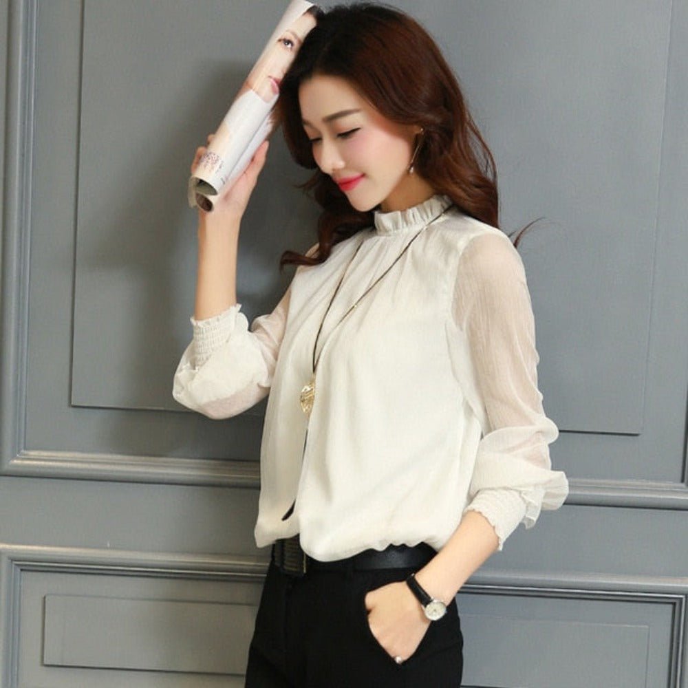 Chiffon Stand Neck Long Sleeve Blouse - Necessary Clothing