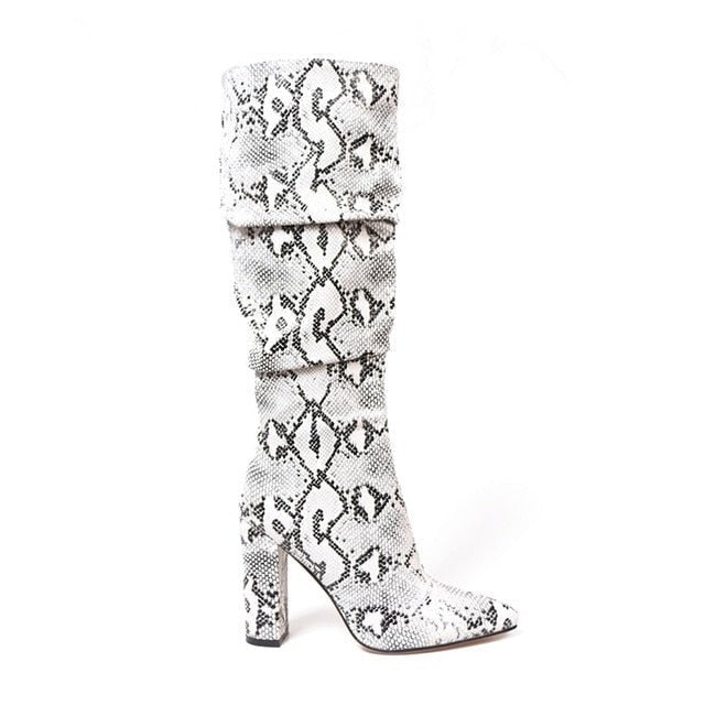 Colorful Snake Skin High Heel Thick Pointed Toe Zip Pleated Boots - Necessary Clothing