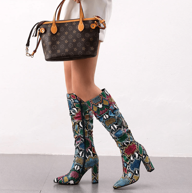 Colorful Snake Skin High Heel Thick Pointed Toe Zip Pleated Boots - Necessary Clothing