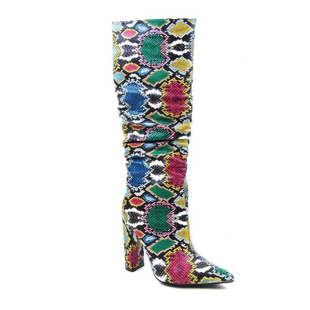 Colorful Snake Skin High Heel Thick Pointed Toe Zip Pleated Boots - Necessary Clothing