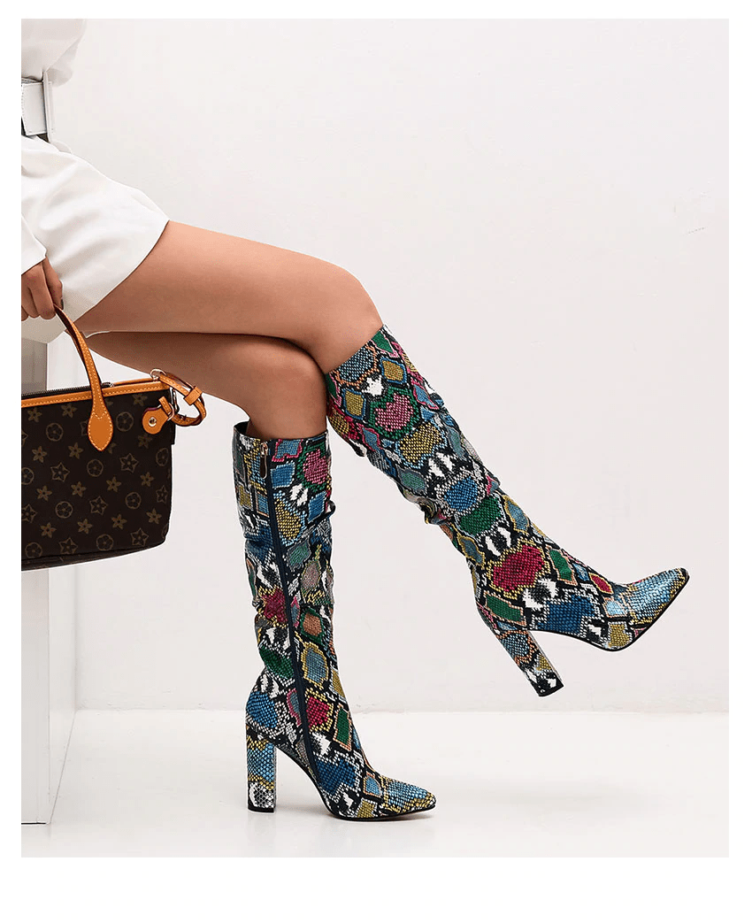 Colorful Snake Skin High Heel Thick Pointed Toe Zip Pleated Boots - Necessary Clothing